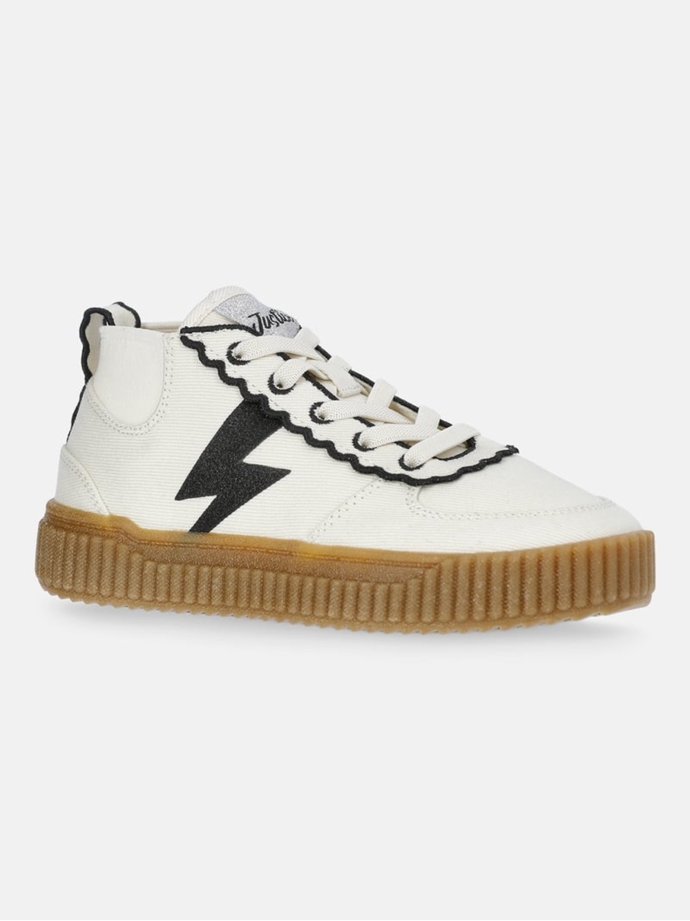 Justice White High-Top Sneakers with Black Lightning and Gum Sole